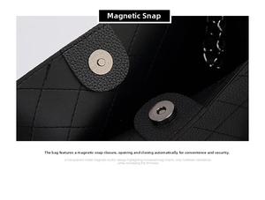 Close-up of black quilted leather bag with a functional magnetic snap closure