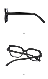 Detail side and back view of square black frame glasses with minimalist aesthetic
