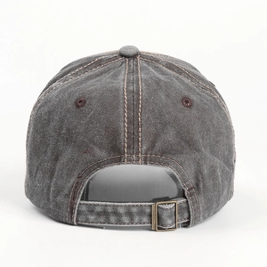 Rear view of vintage washed dark gray cotton baseball cap with adjustable metal buckle