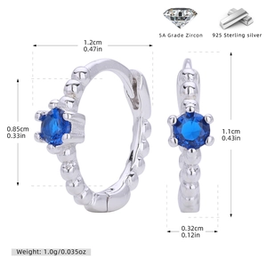 Detail of S925 sterling silver hoop earrings with 5A blue zircon and size specifications