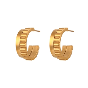 Modern double-layered C-shaped gold stainless steel earrings with textured gear pattern