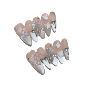 Handmade cat eye press-on nails with 3D butterfly, pearls and heart rhinestone decor