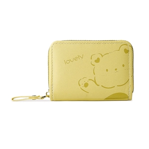 Yellow PU leather mini wallet with cartoon bear pattern and zipper closure for women