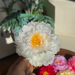 Handheld white silk peony flower hair clip with realistic petals and orange stamens