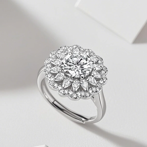 18K white gold plated moissanite sunflower ring with adjustable silver band