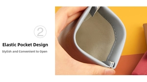 Detail view of the elastic opening on the light blue faux leather glasses pouch