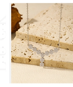 Close-up of S925 sterling silver Y-shaped necklace with delicate floral zircon clusters