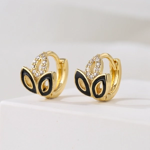 18K gold plated rabbit ear hoop earrings with black enamel and sparkling zircon stones