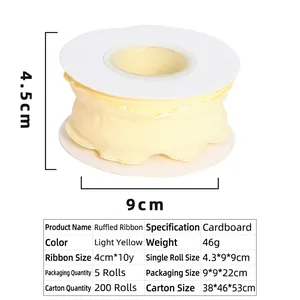 Detail of light yellow pleated ribbon roll measuring 4cm by 10 yards for gift wrapping