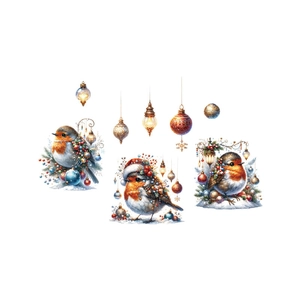 Christmas wall decals with Santa robins and colorful festive ball ornaments on white background