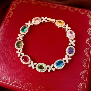 Bracciale In Rame Placcato Oro Lusso Vintage Con Zirconia Cubica Ovale Colorata Gioielli Eleganti Per Donna