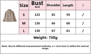 Size guide table for double-breasted cropped wool jacket with precise measurements