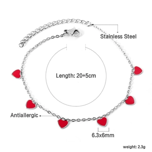 Detailed specs of stainless steel anklet with 6.3mm red heart pendant and 20+5cm chain
