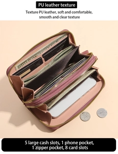 Internal layout of pink PU leather long wallet with card slots and double zippers