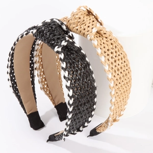 Lot de deux serre-têtes en raphia avec nœud croisé en noir et camel, style bohème chic