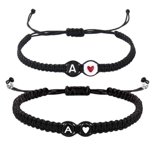 Adjustable black woven friendship bracelets with A letter and heart beads for couples