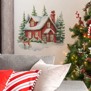 Sticker mural de Noël avec chalet sous la neige et cerf pour décoration de salon cosy