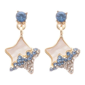 Elegant gold star drop earrings featuring blue rhinestones and pearlescent resin inlay