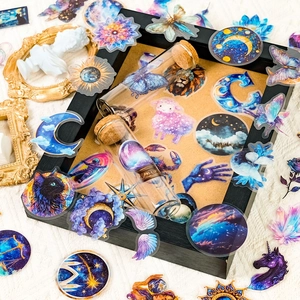 Aesthetic PET stickers with butterfly and moon themes in a blue-purple art set