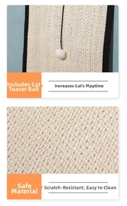 Close-up of durable natural sisal cat scratcher texture with an interactive plush ball
