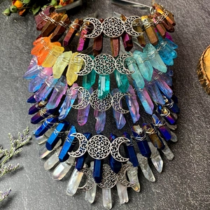 Handmade bohemian raw crystal crown set with crescent moon goddess metal charms