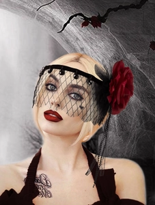 Detail of gothic rose headband with black mesh veil and hanging beads for party