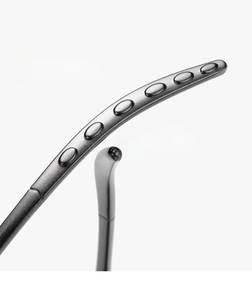 Detailed close-up of dark grey metallic sunglasses temple with textured oval patterns