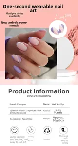 Detail showing pink and purple marble nail tips with small pearls and ABS material info