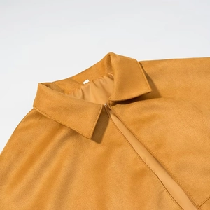 Chic mustard yellow faux suede cape jacket with lapel collar and fringe details
