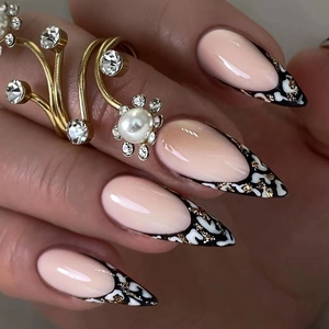 Long Almond Press On Nails French Leopard Print Nude Pink Black Tips Gold Glitter Fake Nails DIY Manicure For Women
