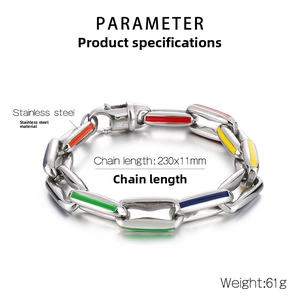 Detailed view of 230x11mm stainless steel Cuban link bracelet with rainbow enamel colors