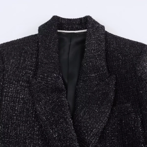 Damen Tweed-Blazer in Schwarz mit Silberfaden und klassischem Reverskragen-Detail
