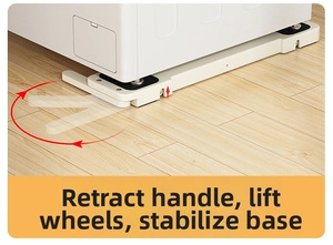 Macro view of adjustable washing machine base with retractable wheels and steady lifting handle
