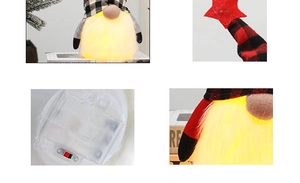 Detail view of LED Christmas gnome with plaid fabric and bottom battery switch control
