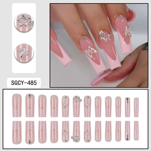 Pink French ombre press-on nails with silver alloy butterfly and star charms, 24 pieces set