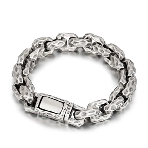 Men's hip hop stainless steel bracelet with hammered texture and antique silver finish
