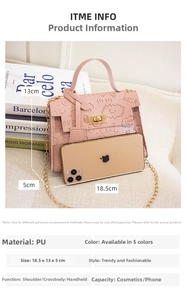 Pink PU crossbody bag with embossed sun and Love pattern including product size specifications