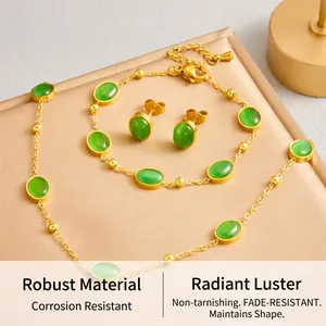 Detail of vintage gold-tone jewelry set with oval green emerald-style gemstones
