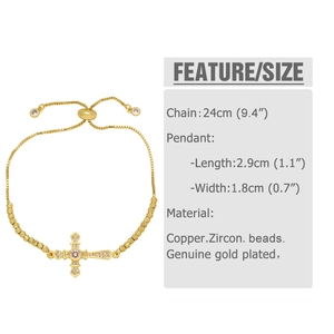 Detail view of adjustable gold-plated cross bracelet with size specs and zircon stones
