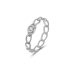S925 sterling silver chain link ring with a sparkling round bezel-set zircon stone