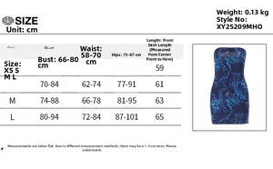 Size chart for printed mini bodycon dress showing XS to L measurements in centimeters
