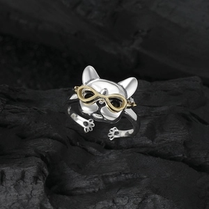 S925 silver French Bulldog open ring with gold glasses and paw detail on dark stone