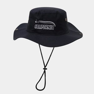 Detail of black wide brim boonie hat with white California embroidery and windproof cord