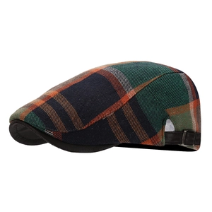 British vintage plaid ivy cap in forest green with leather trim and adjustable buckle