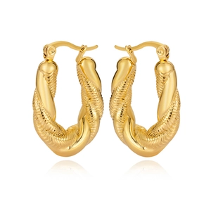 Polished gold stainless steel twisted C-shape hoop earrings for women on white backdrop