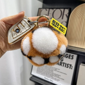 Cute plush cat paw keychain with real rabbit fur, lucky charm and gold ring clasp