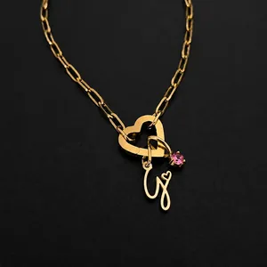 14K gold plated stainless steel heart clasp necklace with a letter G and pink gem