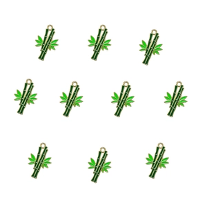 Set of 10 green enamel bamboo charms for jewelry making displayed on a white background