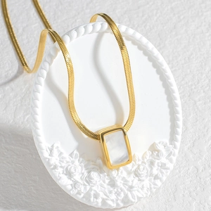 Elegant 18K gold plated snake chain necklace with a rectangular mother of pearl pendant