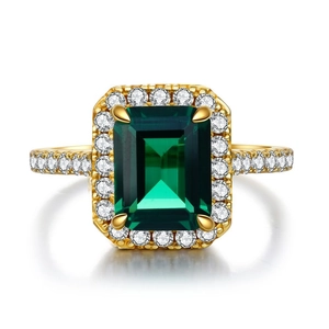 925 Sterling Silver Emerald Ring with 18K Gold Plating and Square Cut Green Gemstone